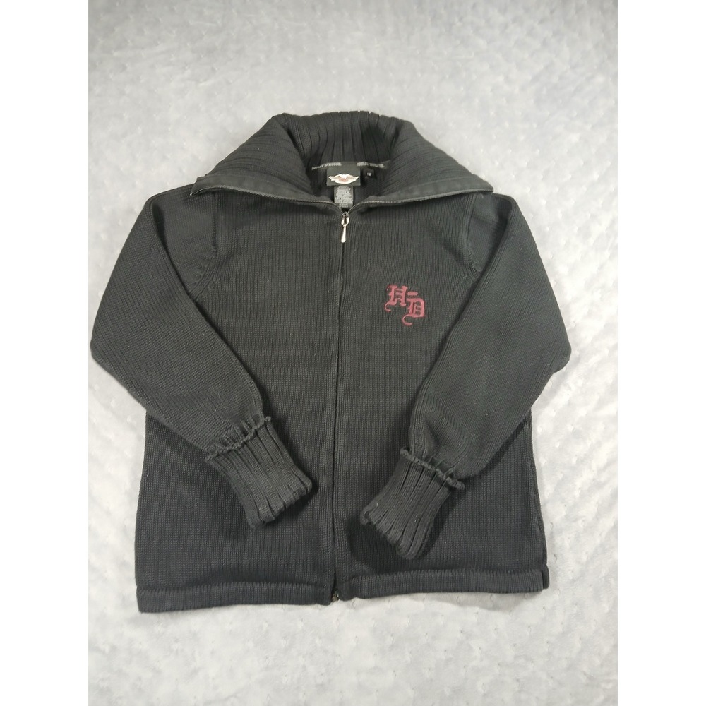 Vtg Harley Davidson Turtleneck Full Zip Sweater Womens 1W Black Ribbed Knit